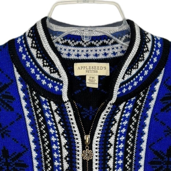 Appleseeds Cardigan Sweater Medium P Blue Black Fair Isle Wool Blend Snowflake - Picture 4 of 13